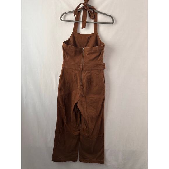 Moon River Brown Denim Jumpsuit Halter Tie Neck Belted Fall Outfit Stretch Small - Picture 5 of 6
